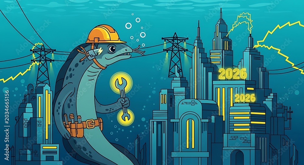 Obraz premium Cartoon eel in hard hat and tool belt repairs underwater city, connected by power lines with future date