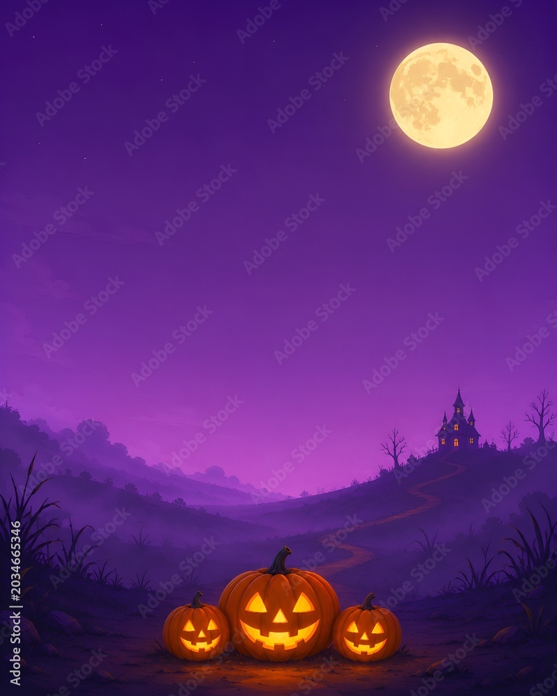 Fototapeta premium Clean Halloween background with pumpkins under full moon. Soft purple valley creates a calm spooky seasonal setting. Small haunted house appears in the distant hills.