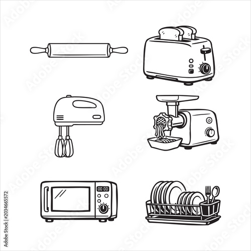 minimalist vector icons of essential kitchen appliances including rolling pin, toaster, hand mixer, meat grinder, microwave, and dish rack. ideal for culinary, restaurant, and household design project