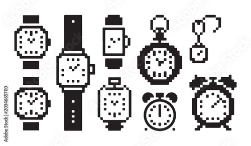 Tableau sur toile Retro timepiece pixel icons including classic wristwatches pocket watches and alarm clocks
