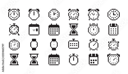 Foto Collection of various timekeeping instruments and calendar icons in simple pixel art style