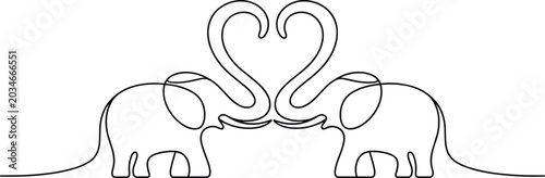 Photography Continuous line drawing of two elephants with trunks forming a heart shape, roma