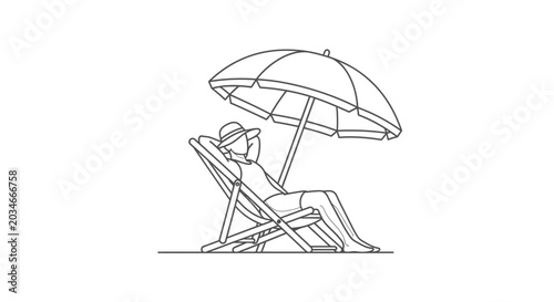 Tableau sur toile Relaxing Person Under Beach Umbrella on Deck Chair, Summer Vacation