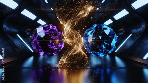 Abstract AI Cores Interacting Through Reflective Glass Surface with Organic Particle Motion