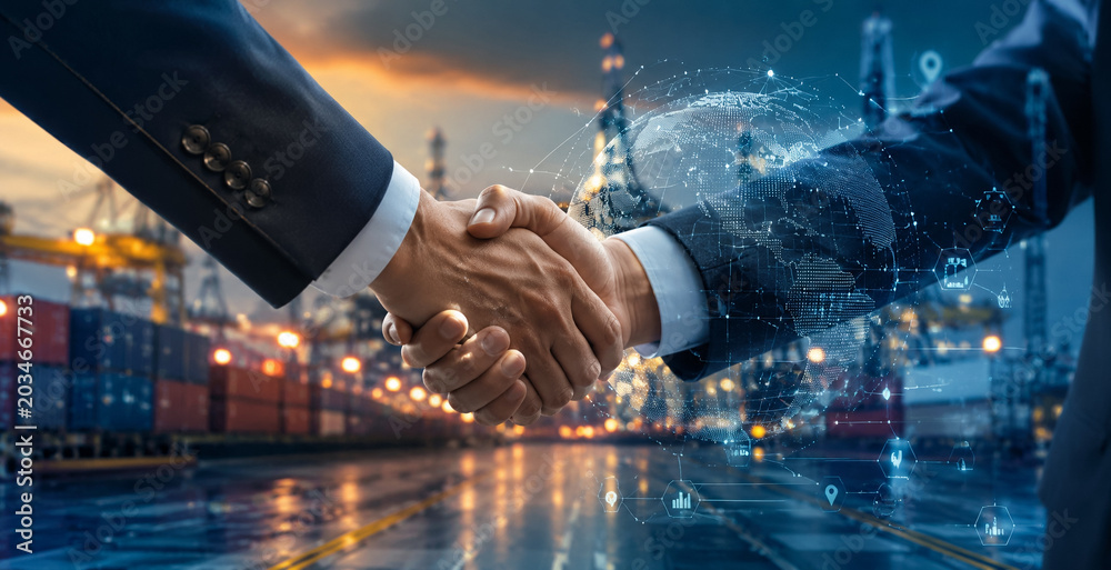 Fototapeta premium AI generated handshake between business partners global network overlay cargo port background symbol international trade logistics cooperation supply chain corporate partnership