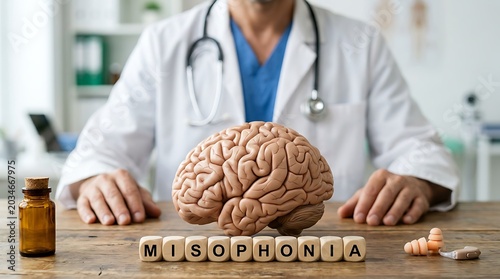 Doctor examining brain model and 'Misophonia' blocks, representing sound sensitivity and neurological conditions.