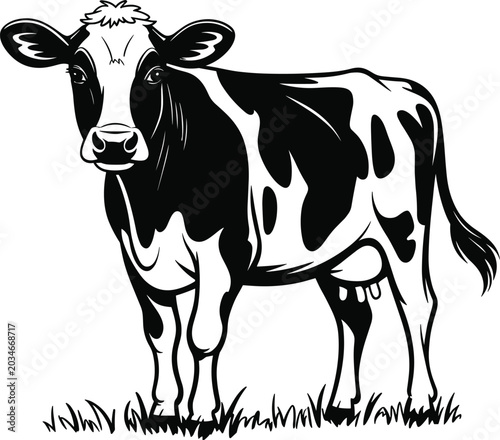 Obraz na płótnie Dairy cow standing in grass field, line art emblem of holstein cattle, black and