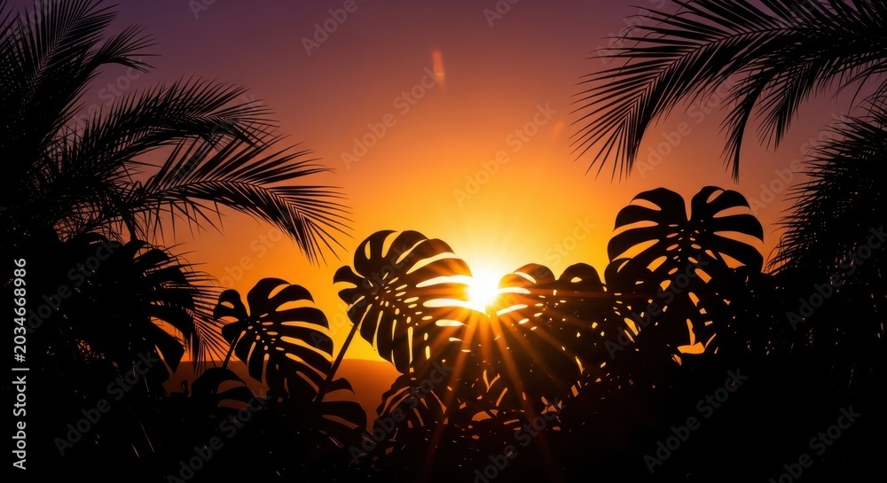 Obraz premium Tropical Leaves Silhouetted Against a Fiery Sunset