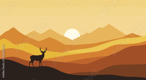Bild auf Leinwand Deer standing on a hill with mountains and sun in the background.