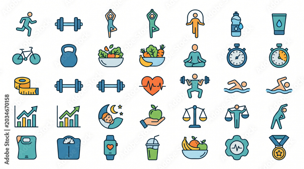 Fototapeta premium Fitness and wellness icon set isolated on white background, healthy lifestyle vector collection