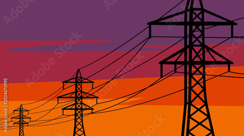 Electric Power Lines Against Sunset Sky