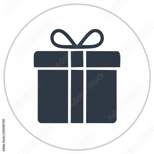 Minimalist dark gift box icon with ribbon bow inside a clean circular frame representing presents and celebration