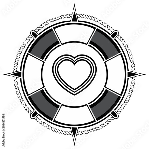 Nautical Compass Rose with Lifebuoy and Heart Symbol