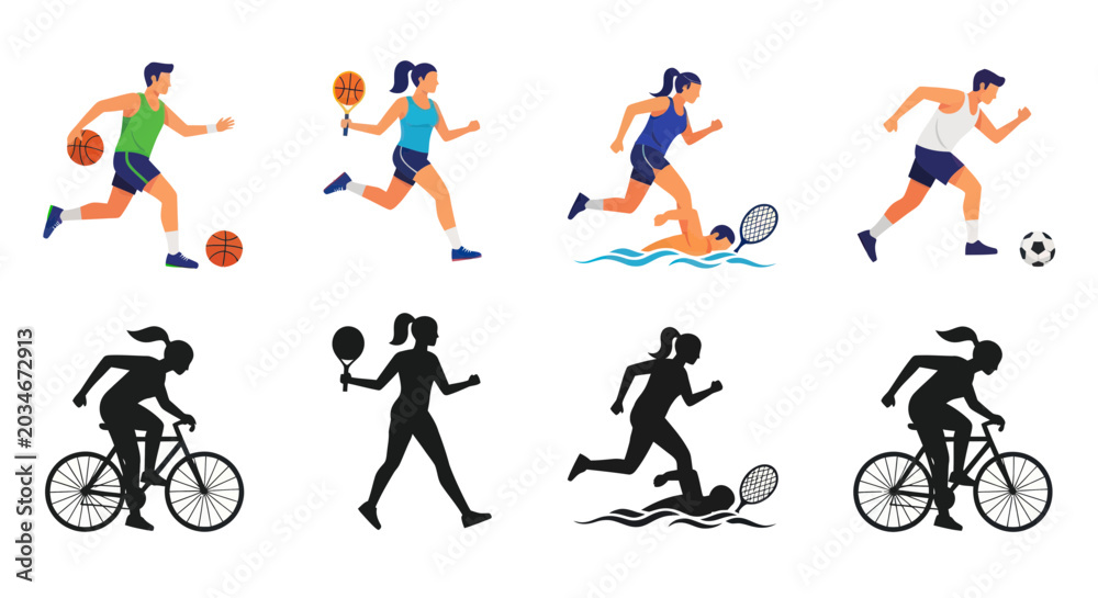 Obraz premium Diverse Sports Activities: People Playing Basketball, Tennis, Swimming, Running, Cycling, Soccer