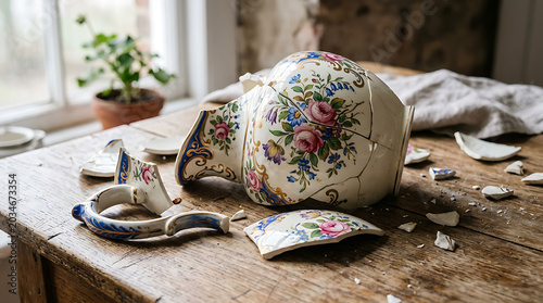 Broken porcelain pitcher with floral design on transparent background high quality professional