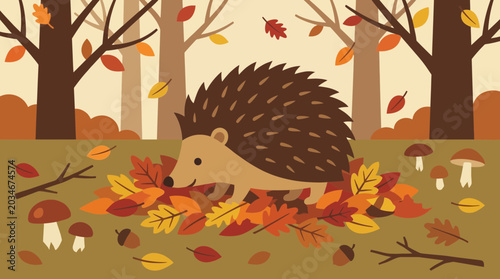 Foto Hedgehog Foraging in Autumn Leaf Litter