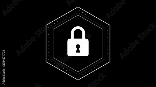 Futuristic minimal tech video overlay template featuring white padlock icon enclosed in a digital hexagon frame on black background