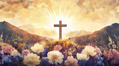 A stunning watercolor cross with flowers and sunlight against the sky