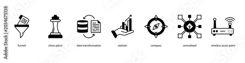 Foto Data Strategy web banner icon vector illustration featuring Funnel, Chess Piece, Data Transformation, Statistic, Compass, Centralized, and Wireless Access Point