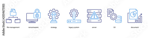 Fotografie Information Security web banner icon vector illustration featuring File Management, Ransomware, Strategy, Legacy System, Server, ETL, and Document