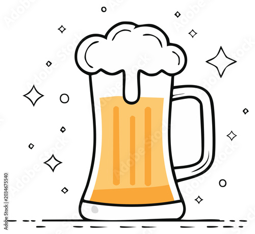 Cartoon mug of beer with foam and stars, party or celebration theme