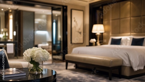 guest. An elegant hotel interior with soft lighting and luxurious furnishings in a blurred background. real-estate listings.