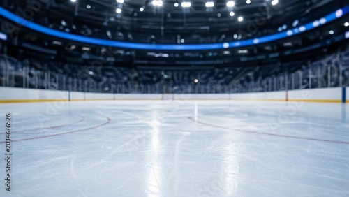 icerink. An empty ice rink with a pristine white surface and soft blue lighting. event key visuals, club posters, designed for sports event promotions and stadium branding.