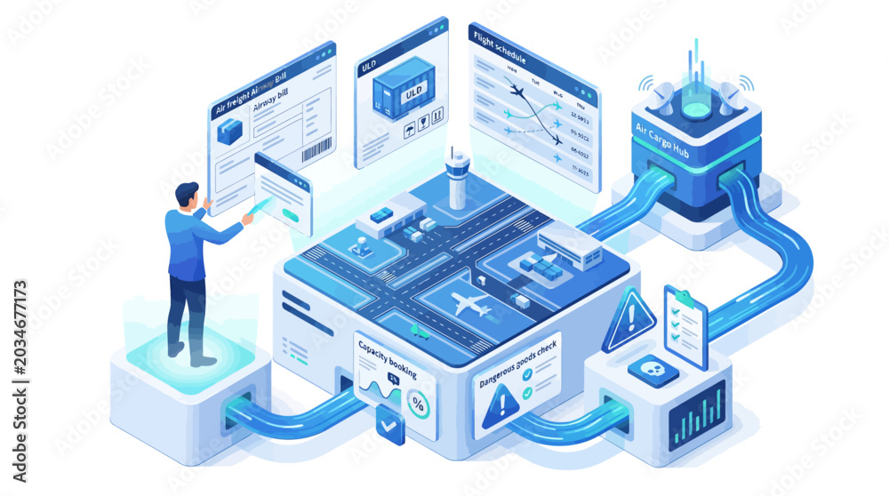 Fototapeta premium Isometric Air Cargo Logistics Management System with Digital Interface and Global Supply Chain Tracking