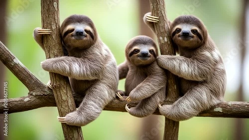Three Sloths Hanging on Tree Branches.