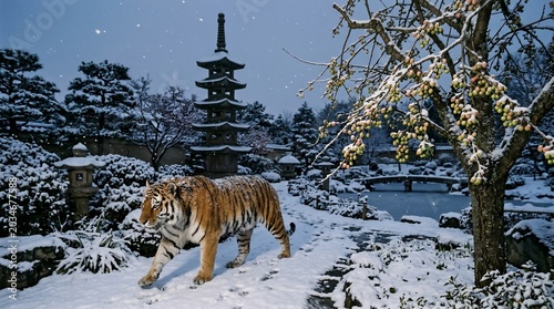 Majestic Tiger Roaming Through a Serene Snow-Covered Japanese Garden with Pagoda at Dusk.
