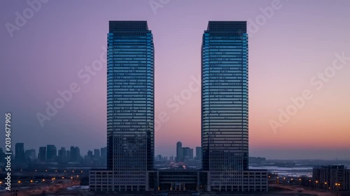 Twin skyscrapers at dusk with city skyline backdrop