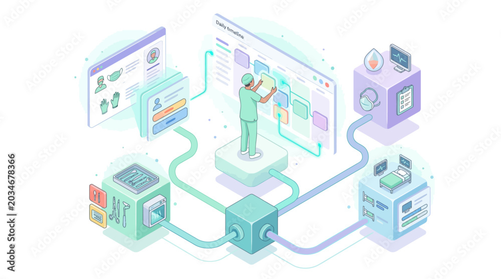 Fototapeta premium Isometric Medical Workflow Illustration with Healthcare Professional Managing Hospital Digital Timeline and Patient Data Systems for Modern Clinic Management