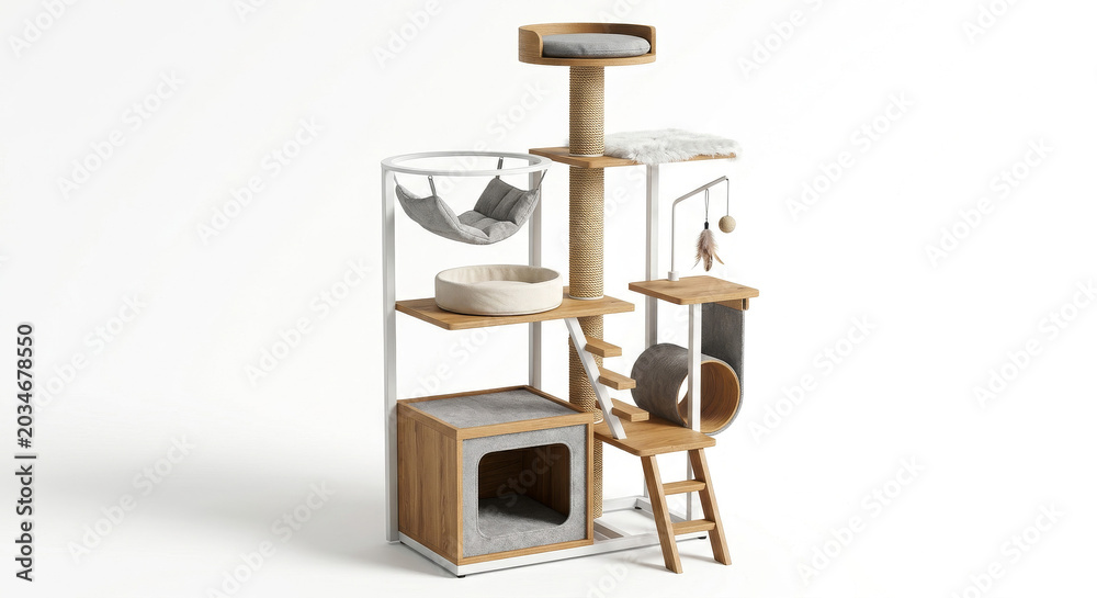Obraz premium Detailed 3D rendering of an elegant multi-level cat activity center designed for scratching, climbing, and relaxation in a contemporary home setting