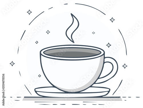 Monochrome line art illustration of a steaming hot cup of coffee or tea on a saucer with sparkles
