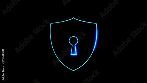 Futuristic cyber security concept featuring glowing digital protection shield icon with a keyhole for data privacy and network defense