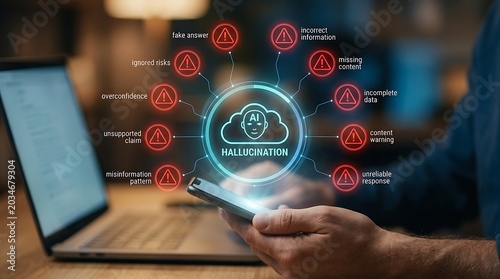 Artificial Intelligence Hallucination Concept: AI errors like fake answers, incorrect information, and unreliable responses are shown emanating from a cloud.