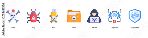 Cyber Threats web banner icon vector illustration featuring Virus, Bug, USB, Folder, Hacker, Spyware, and Fingerprint.