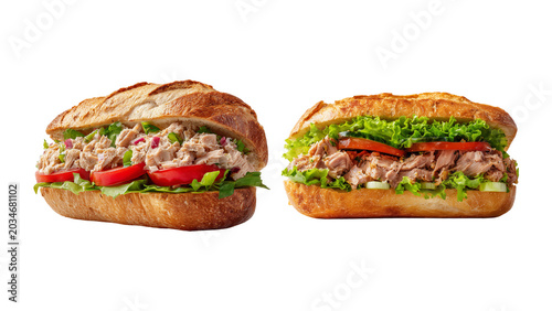 Gourmet tuna sub sandwiches in crispy baguette bread isolated on transparent background. Delicious submarine sandwich roll filled with tuna salad and fresh vegetables.