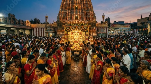 Hindu devotees praying at an illuminated temple during Aadi Velli festival in Tamil Nadu at dusk.