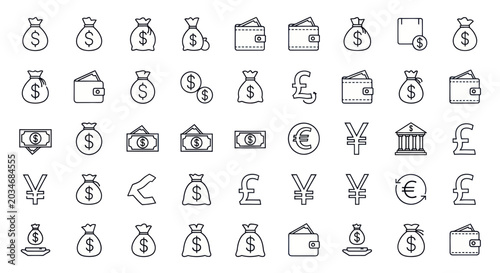 Fotografía Money Icons Set: Wallets, Bags, Coins, Bank, Currency Symbols