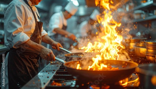 The photo captures the intense atmosphere of a professional kitchen, showing a chef performing the flambé technique or cooking over high heat on a frying pan. The orange glow from the fire gives conk