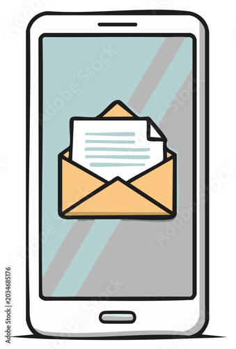Hand drawn smartphone displaying an incoming email message in an open envelope on its screen for digital communication