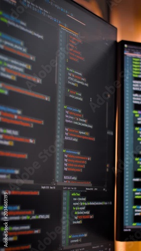 Vertical video close up computer monitors displaying fictional programming code and software development interface, technology workspace concept