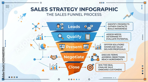 Sales strategy infographic illustrating the sales funnel process with leads, Qualify, Present, Negotiate, Close steps for business growth and success in high quality 4k