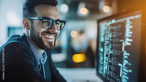 Smile businessman analyzing quantum circuits for AI acceleration working in bright office tone tech company