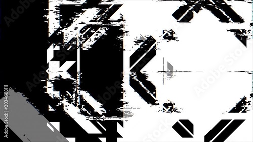 Video overlay template 4K UHD abstract technology background featuring a weathered grunge geometric frame with colorful RGB chromatic aberration glitch effect