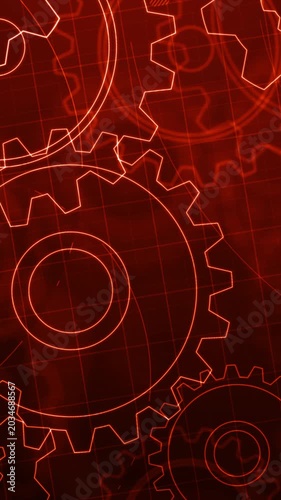 Vertical futuristic tech background featuring glowing gear cogs, technical engineering blueprint lines, and program code data elements