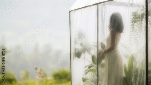 Woman Silhouette Behind Translucent Greenhouse Cover