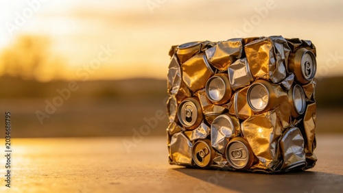 Crushed aluminum cans compressed into a solid recycling bloc