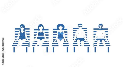Foto Diverse people relaxing on lounge chairs, enjoying summer vacation and sunbathin